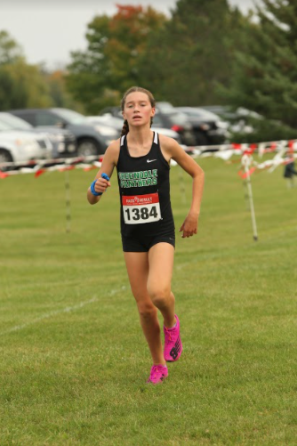 Sophomore Mady Muehr nears the finish line at a race earlier this season.