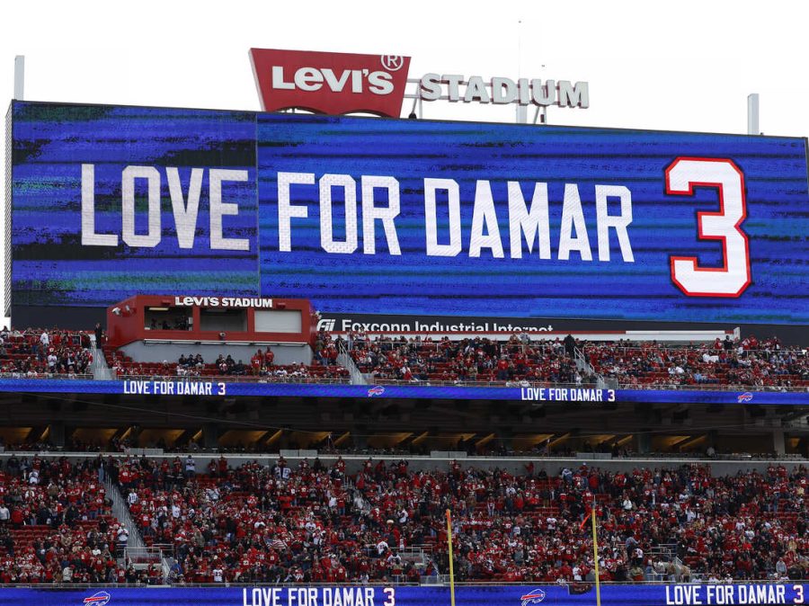 A video board at Levis Stadium shows a message for Damar Hamlin during an NFL football game between the San Francisco 49ers and the Arizona Cardinals in Santa Clara, Calif., Sunday, Jan. 8, 2023. (AP Photo/Jed Jacobsohn)