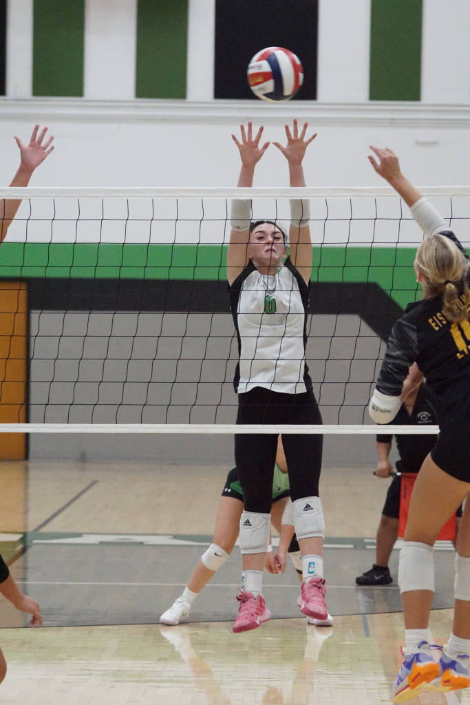Senior Mallory Fritz goes up for a block.